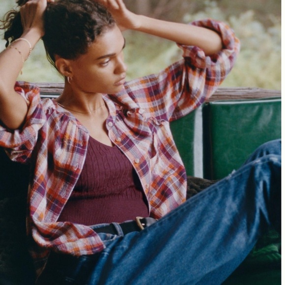 Anthro Pilcro Gauzy Knit Ruffle Button Down Peasant Blouse Shirt - Picture 3 of 11